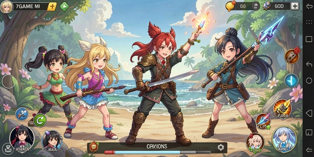 Tangkapan layar gameplay 7GAME yang penuh aksi dan karakter Anime.