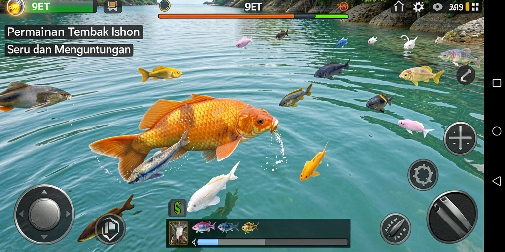 Screenshot gameplay dengan aksi menembak ikan yang seru.