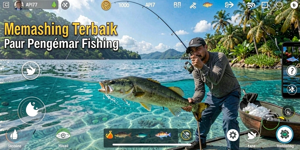 Screenshot utama API77 menunjukkan gameplay memancing yang mendebarkan.