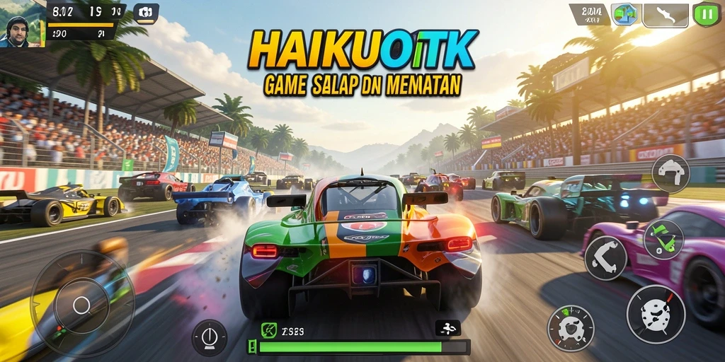 Tangkapan layar gameplay HAIKUOTK yang menampilkan mobil balap melaju kencang.
