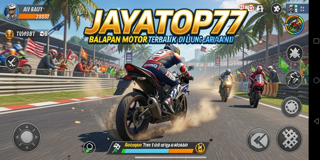 Gameplay JAYATOP77 dengan aksi balapan motor yang mendebarkan.