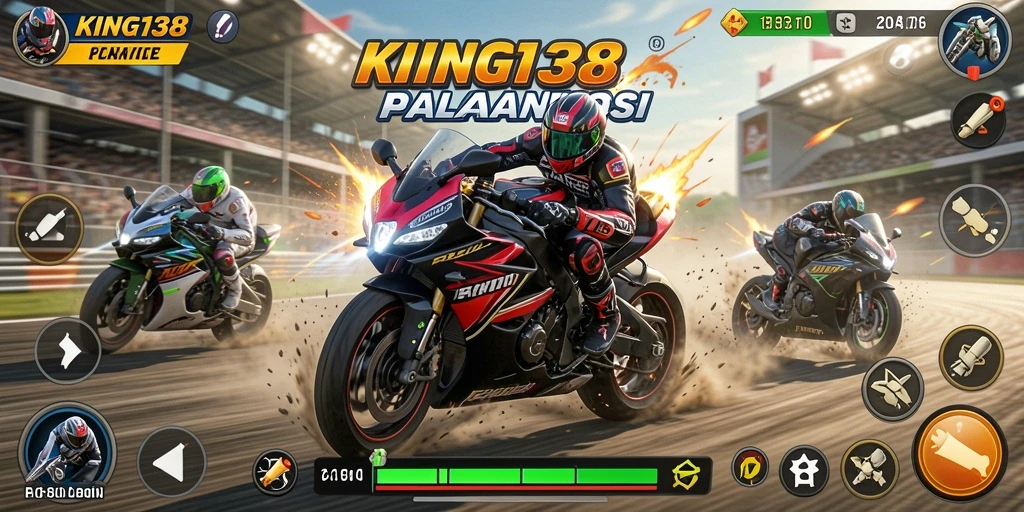 Tampilan gameplay seru di KING138 dengan motor balap.