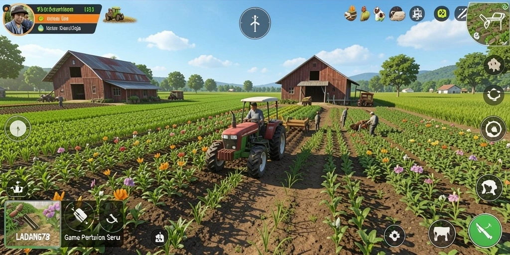 Screenshot utama LADANG78 menampilkan gameplay pertanian yang seru dan menarik.