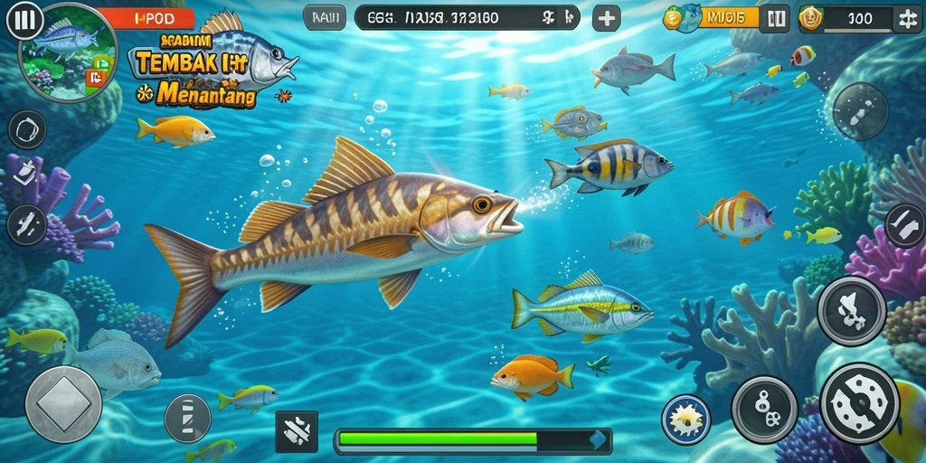 Tampilan gameplay seru MPOID dengan beragam ikan menunggu untuk ditembak.