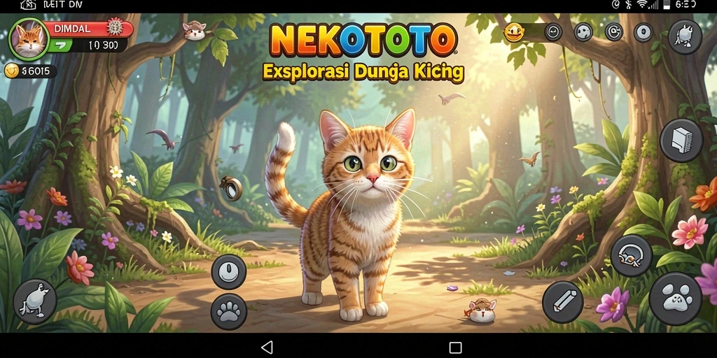 Tangkapan layar NEKOTOTO menampilkan gameplay kali pertama merawat kucing di lingkungan interaktif.