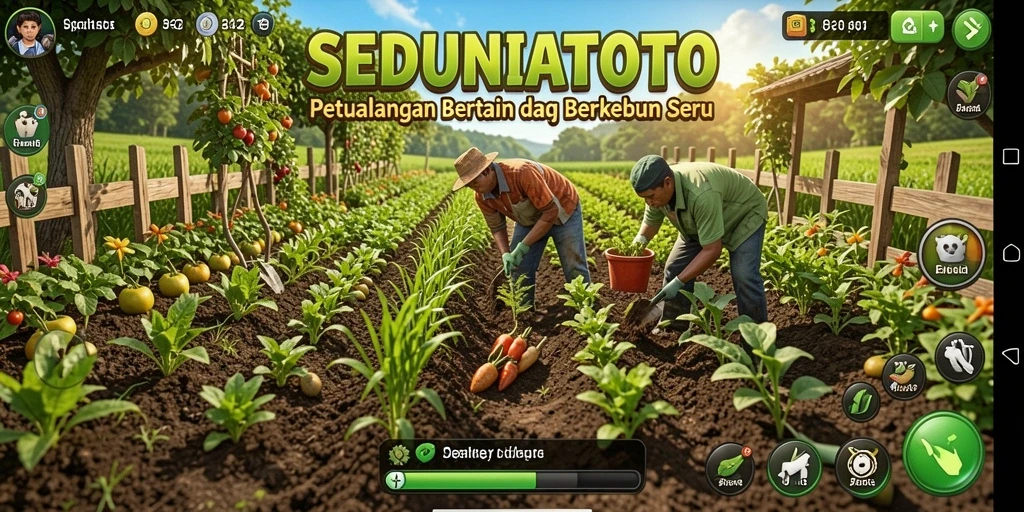 Tampilan gameplay SEDUNIATOTO dengan ladang yang luas dan tanaman beragam.